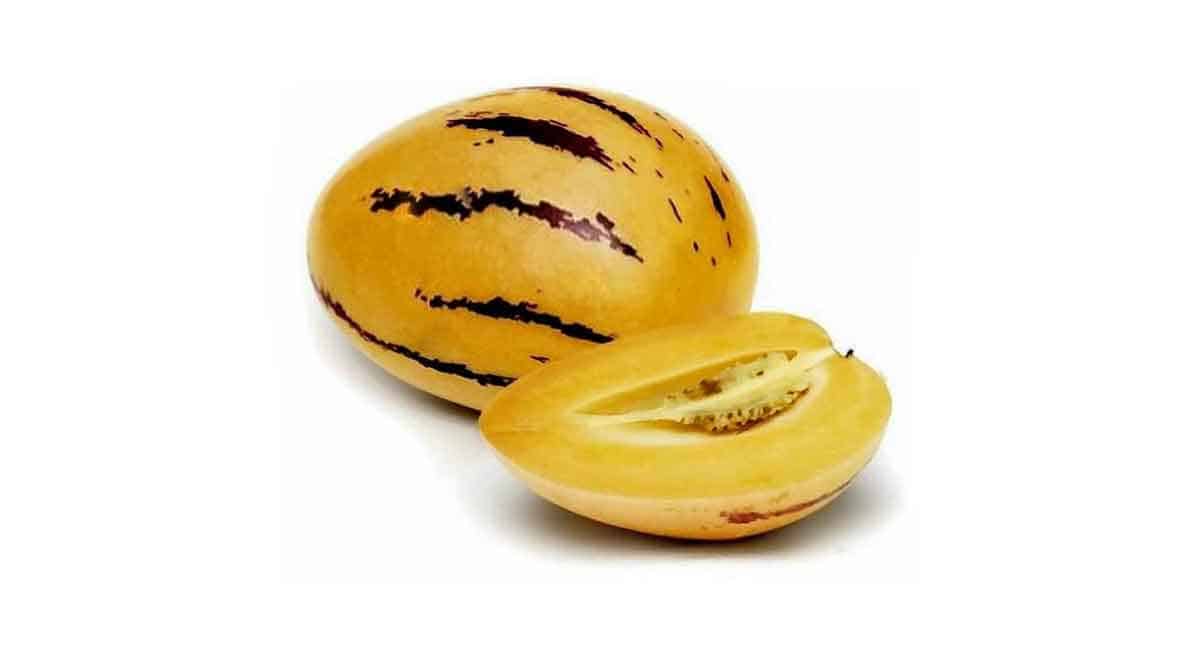 The pepino is an orange fruit with dark purple stripes