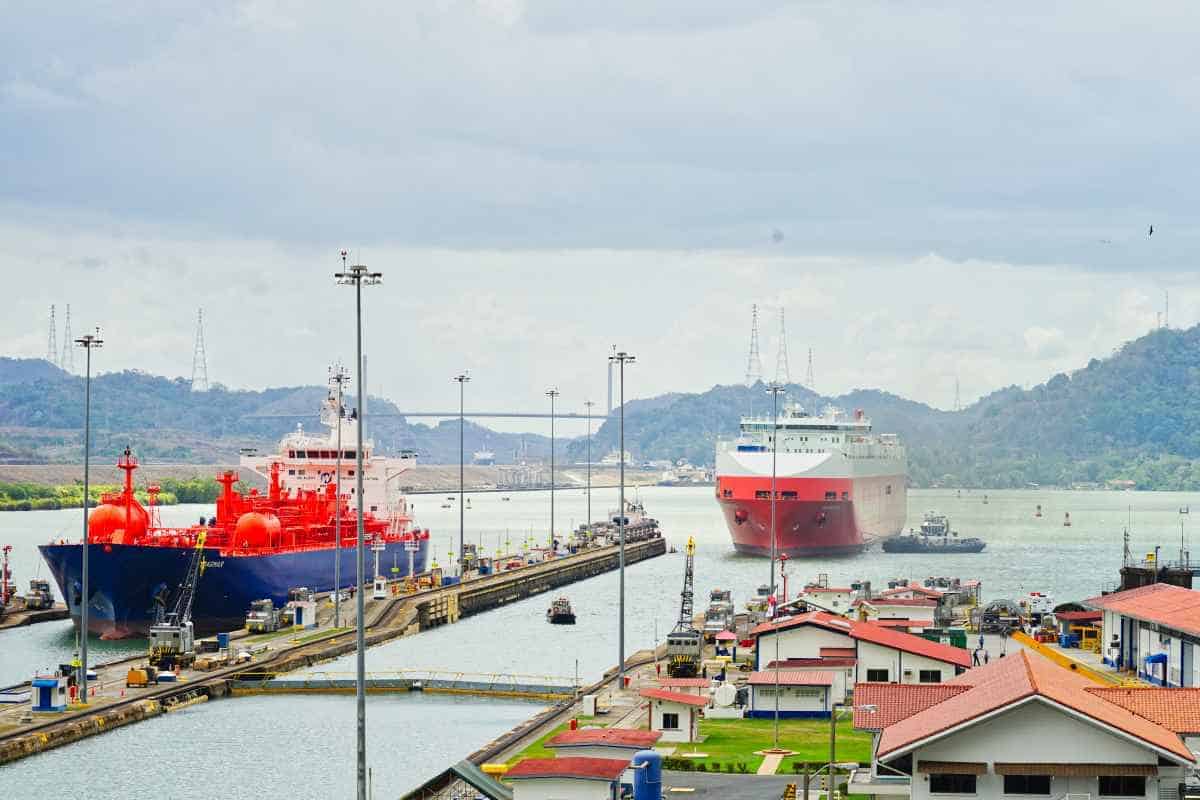 A ship sails into the Panama Canal